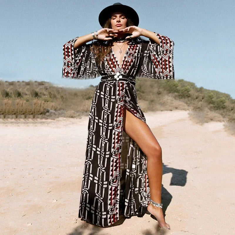 Cotton Rayon Kimono Boho Bikini Cover up Long Sleeve Dark Brown / One Size bohocoverup-250126