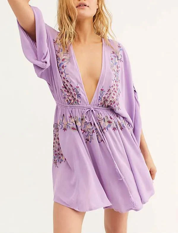 Cotton Rayon Purple Floral Embroidery Boho Dress
