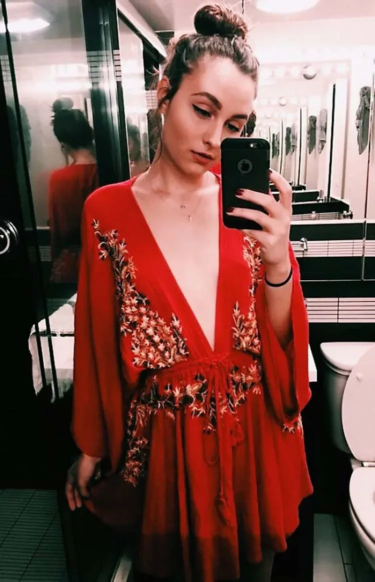 Cotton Rayon Purple Floral Embroidery Boho Dress