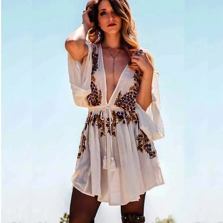 Cotton Rayon Purple Floral Embroidery Boho Dress