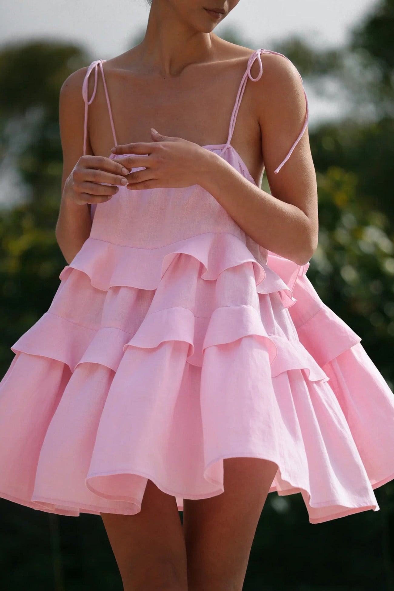 Cotton Tie straps Tiered Cami Babydoll Dress