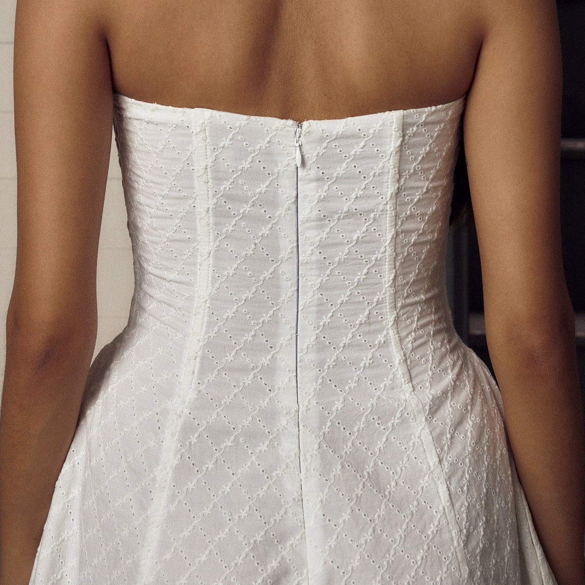 White Halter Sweetheart Lace-Up Eyelet Embroidery Flared Mini Dress 7