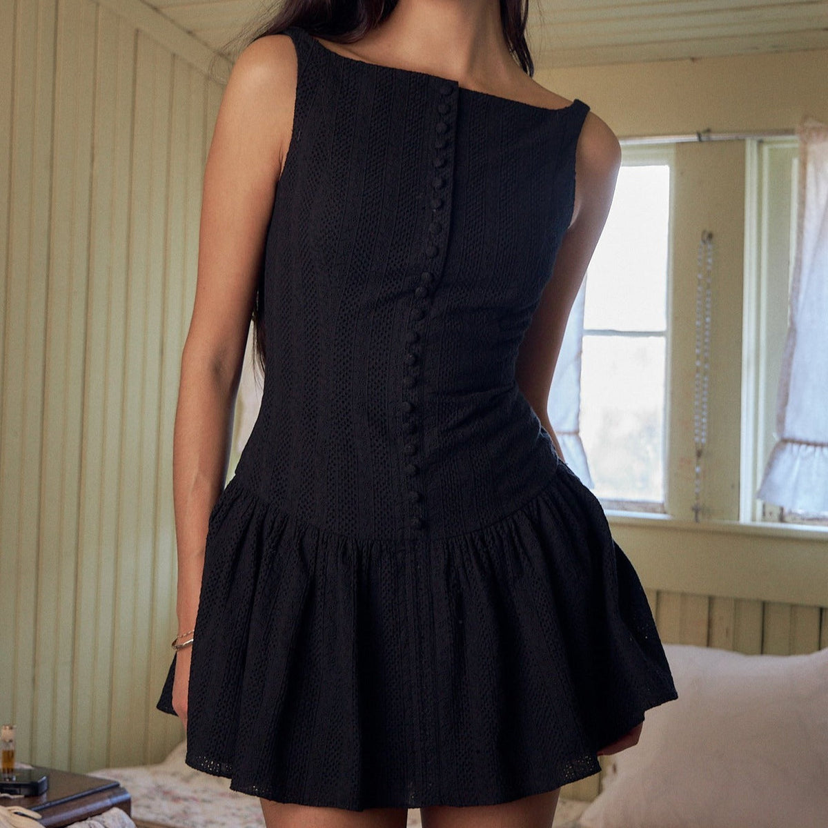 Collared Button Front Drop Waist Pleated Mini Dress