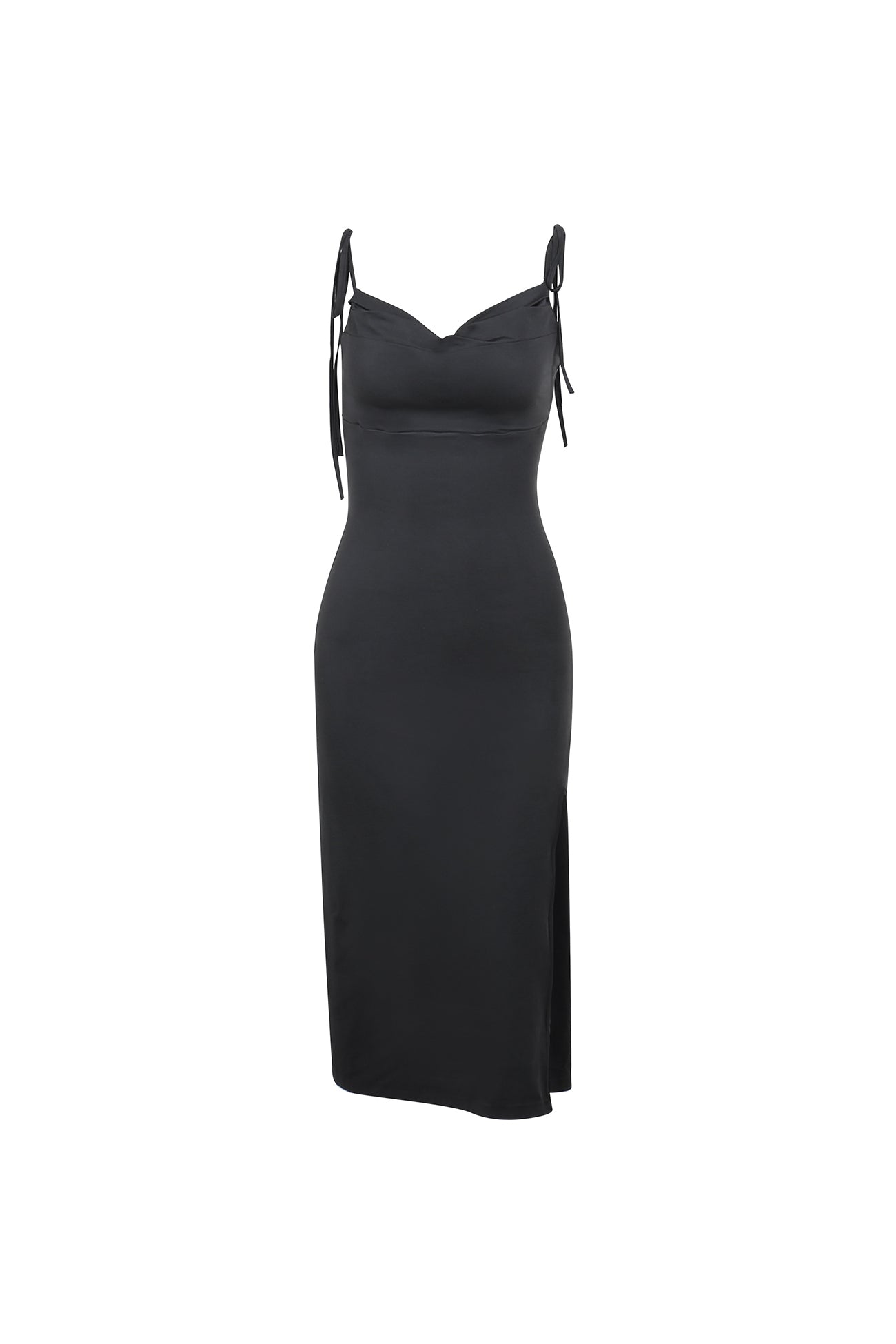 Cowl Neck Tie-Straps Dress With Slit Black / L Midi Dresses