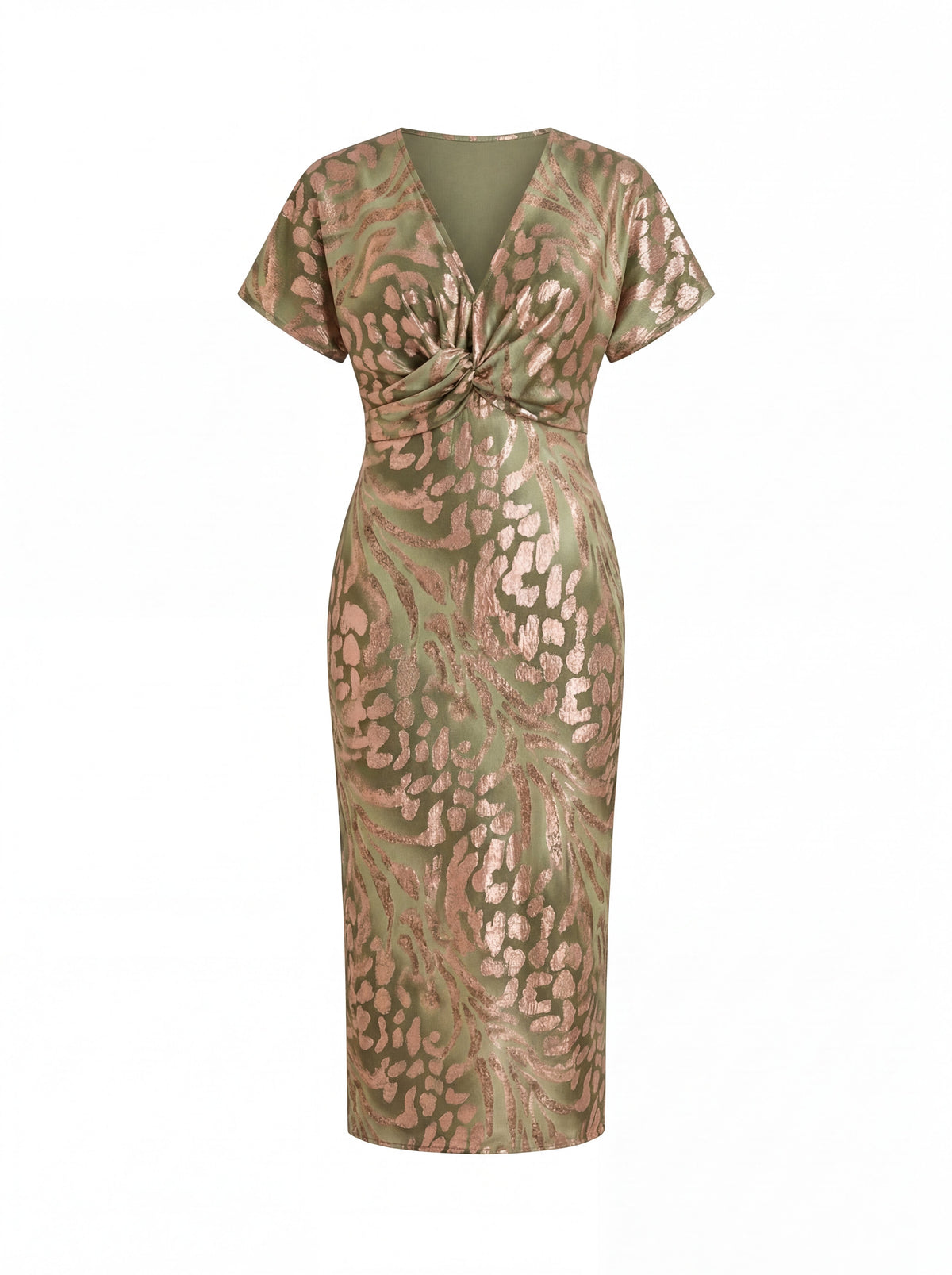 Deep V-Neck Twist Front Leopard Print Satin Sheath Midi Dress