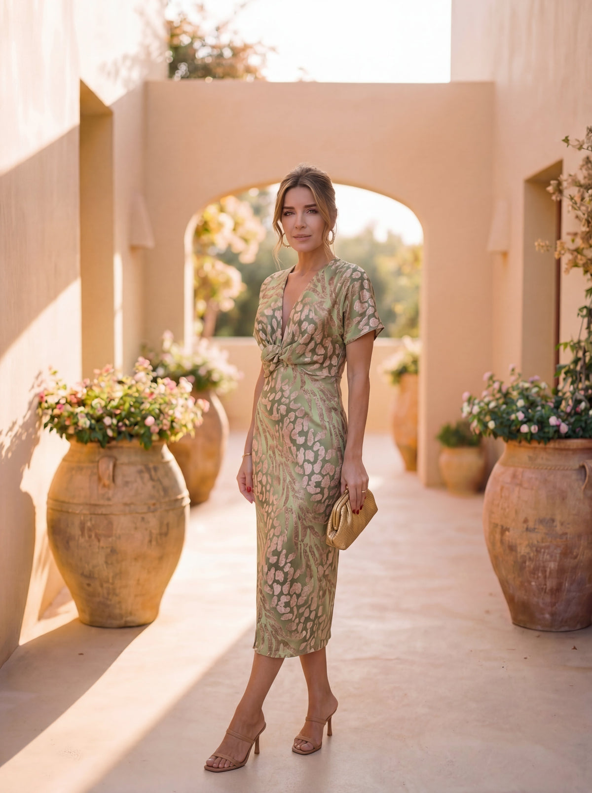 Deep V-Neck Twist Front Leopard Print Satin Sheath Midi Dress