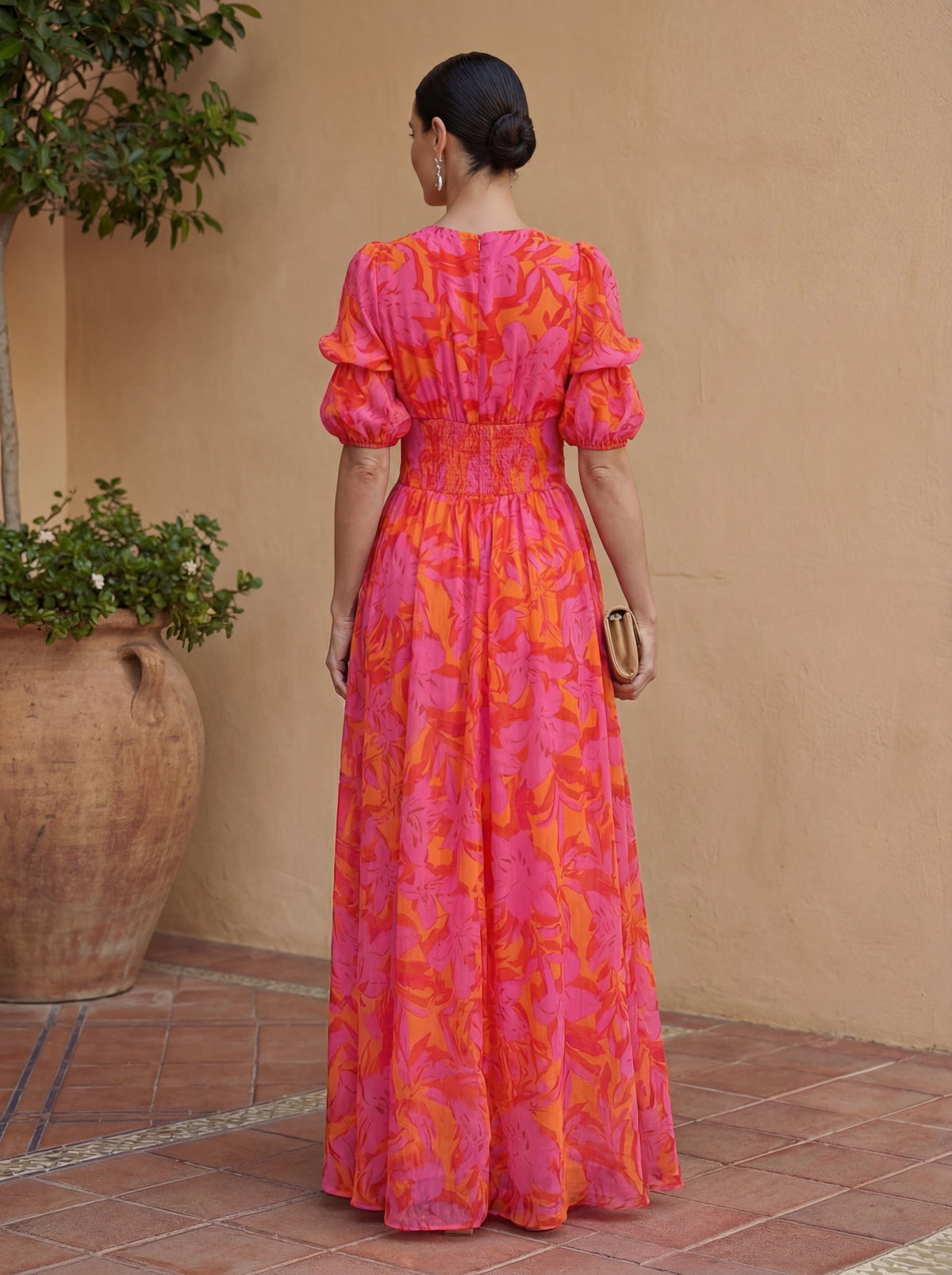V-Neck Puff Sleeve Floral Button Front A-Line Maxi Dress 3