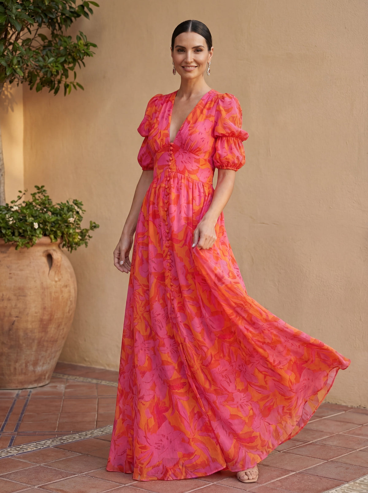 V-Neck Puff Sleeve Floral Button Front A-Line Maxi Dress 2