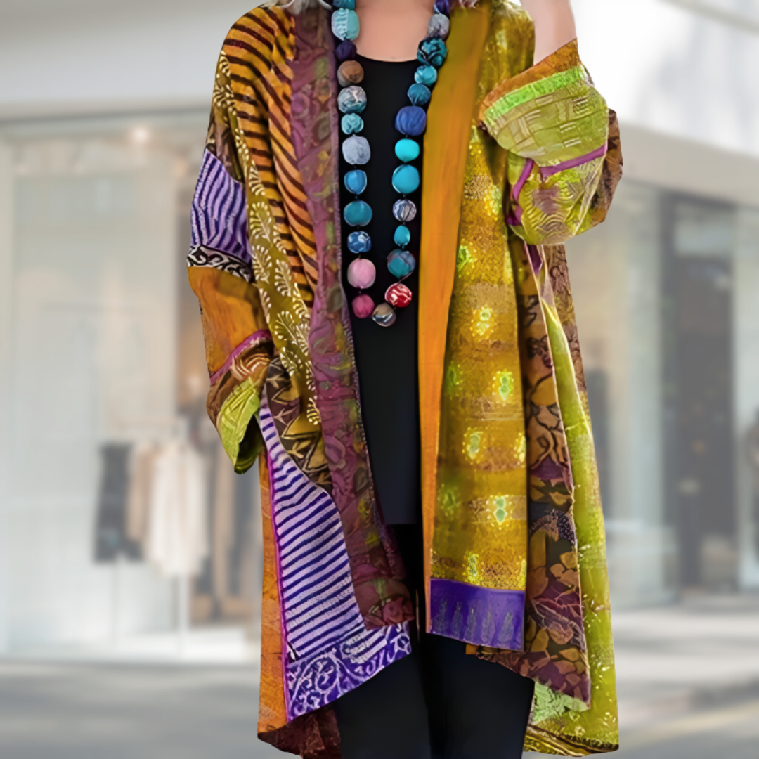 Open Front Patchwork Boho Print Long Sleeve Cardigan