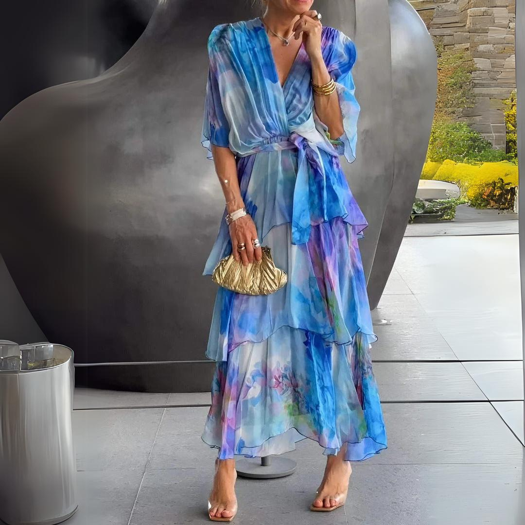 V-Neck Wrap Watercolor Floral Tiered Ruffle Chiffon Maxi Dress