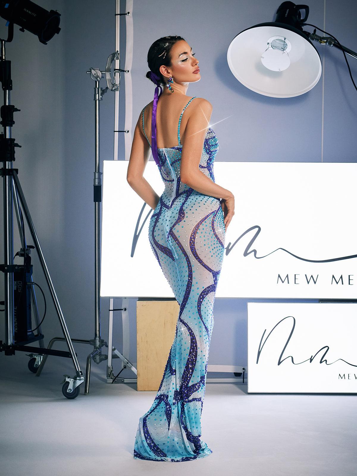 Spaghetti Print Crystal Maxi Dress