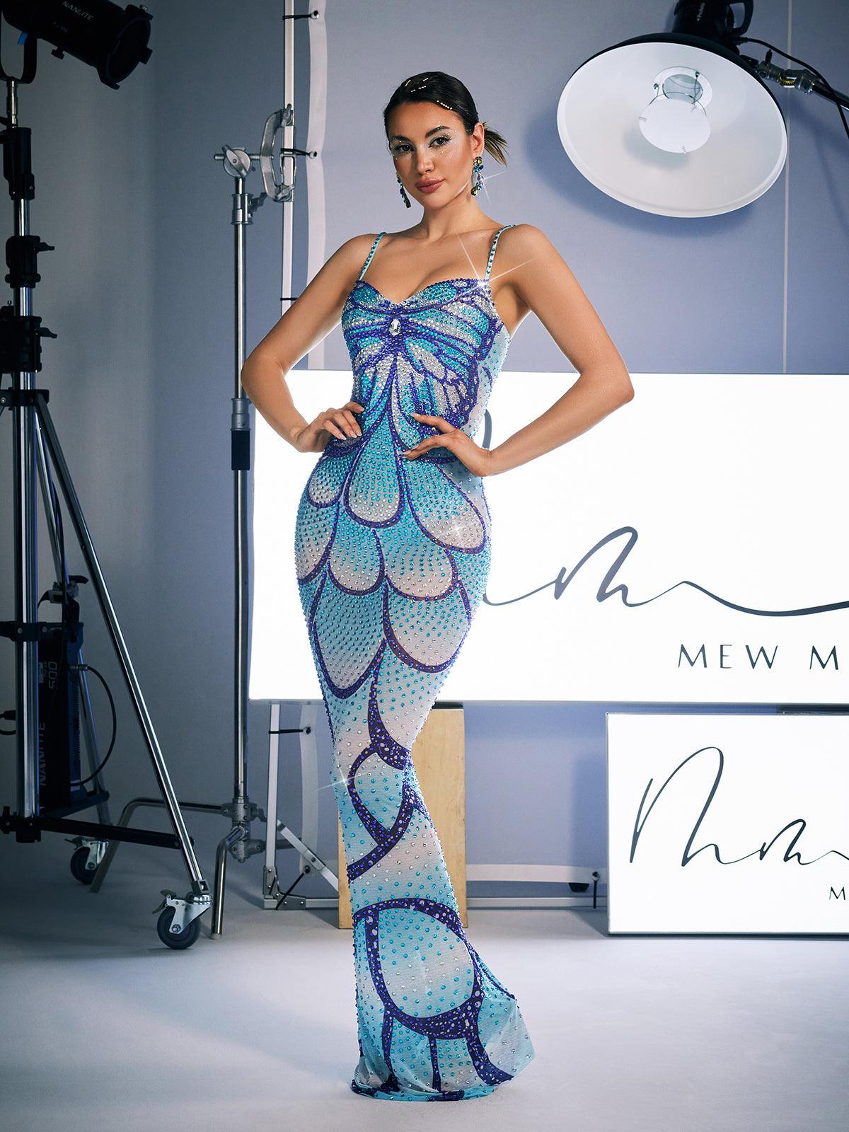 Spaghetti Print Crystal Maxi Dress