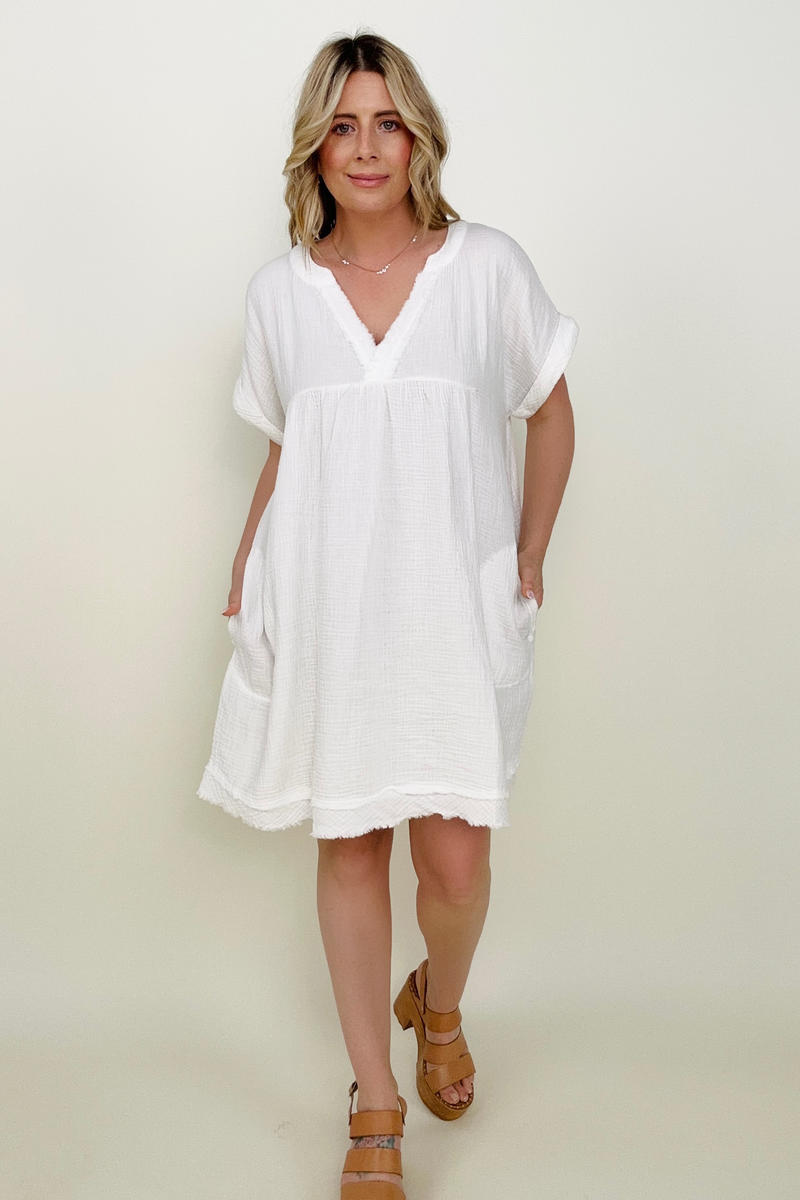 V-Neck Short Sleeve Gauze Raw Edge Babydoll Mini Dress
