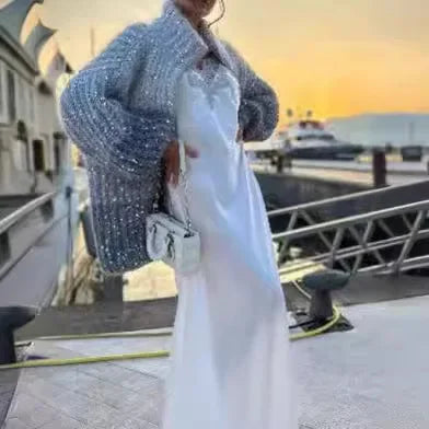Customizable Sequin Wool Cardigan Sky Blue / S Cardigan-241208