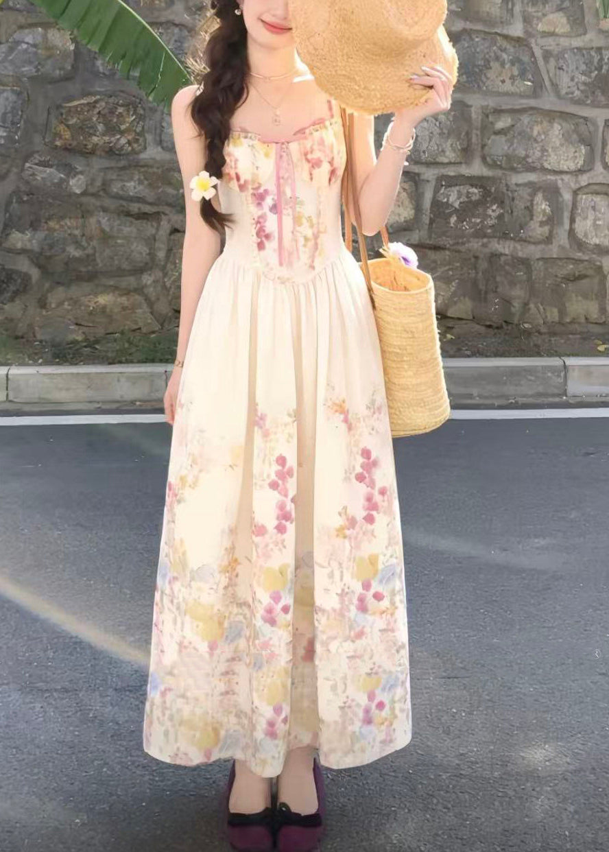 Cute Apricot Print Wrinkled Maxi Spaghetti Strap Dress Sleeveless