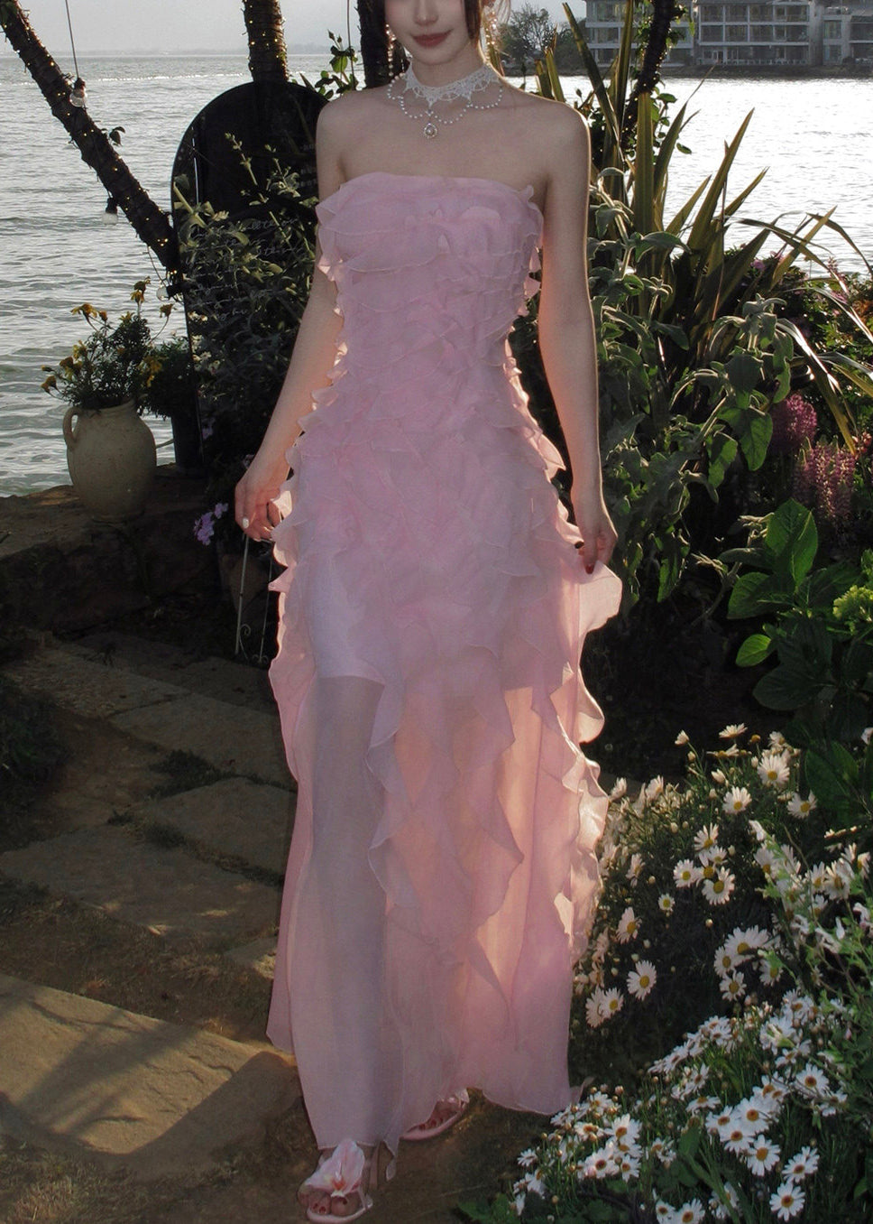 Cute Pink Cold Shoulder Ruffled Long Dress Sleeveless