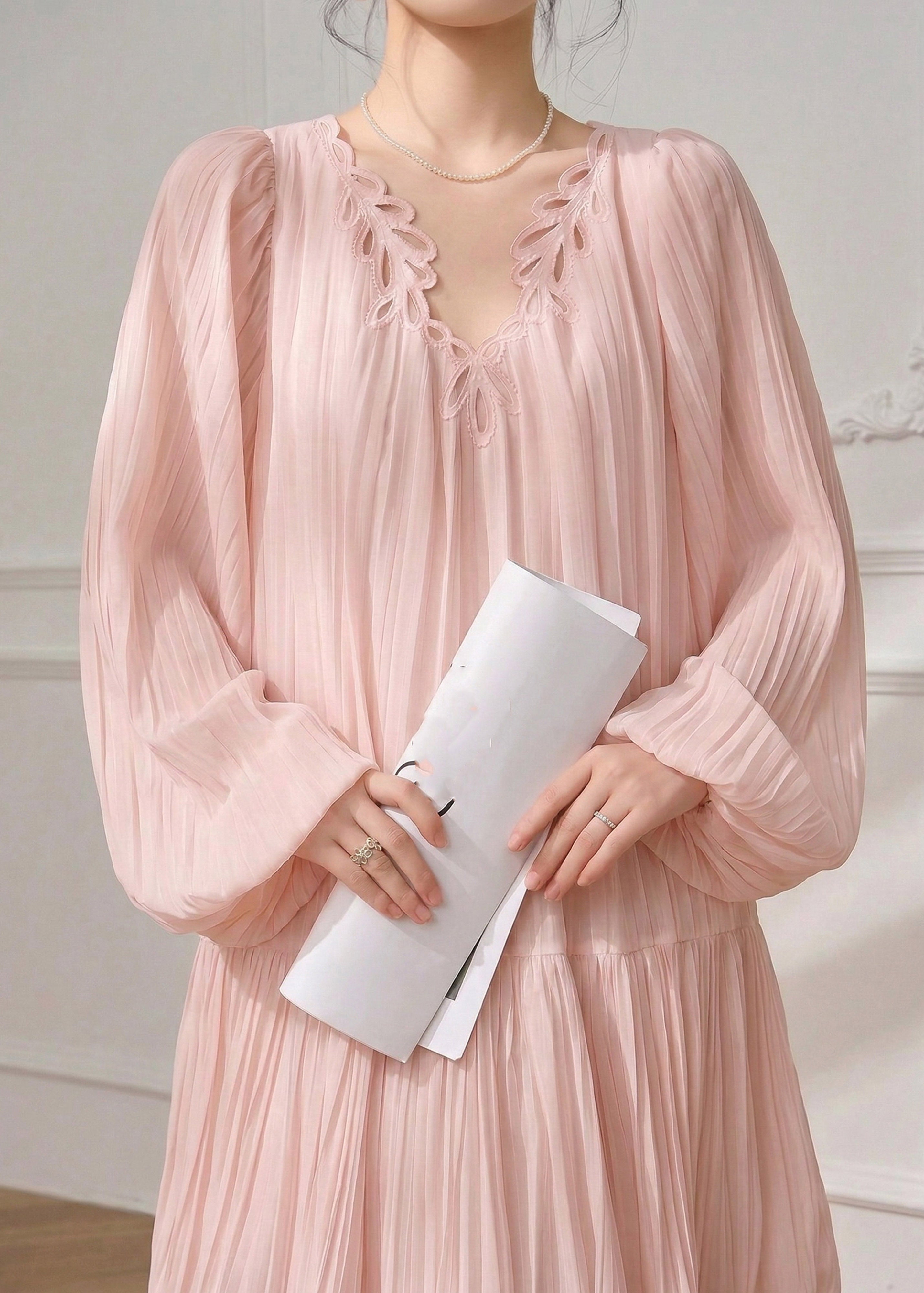 Cute Pink V Neck Solid Mid Dress Spring