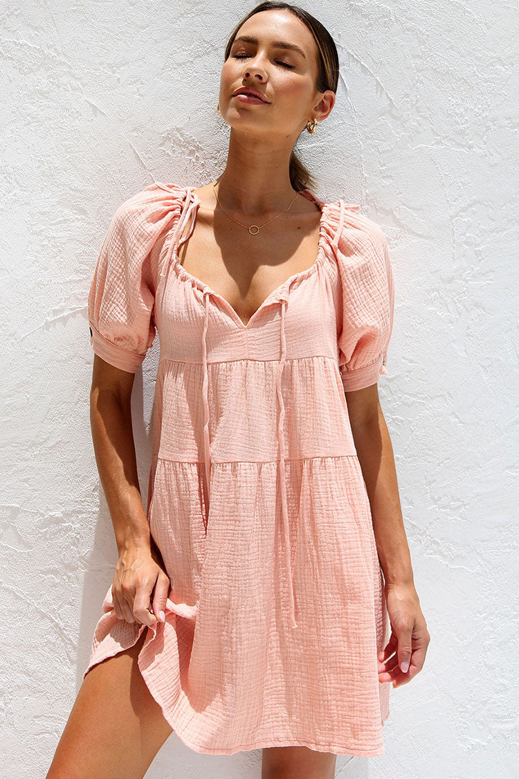 Peach Pink Tie Neck Puff Sleeve Crinkled Cotton Tiered Babydoll Mini Dress