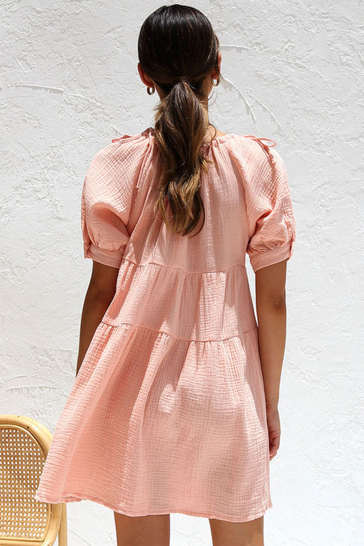 Peach Pink Tie Neck Puff Sleeve Crinkled Cotton Tiered Babydoll Mini Dress