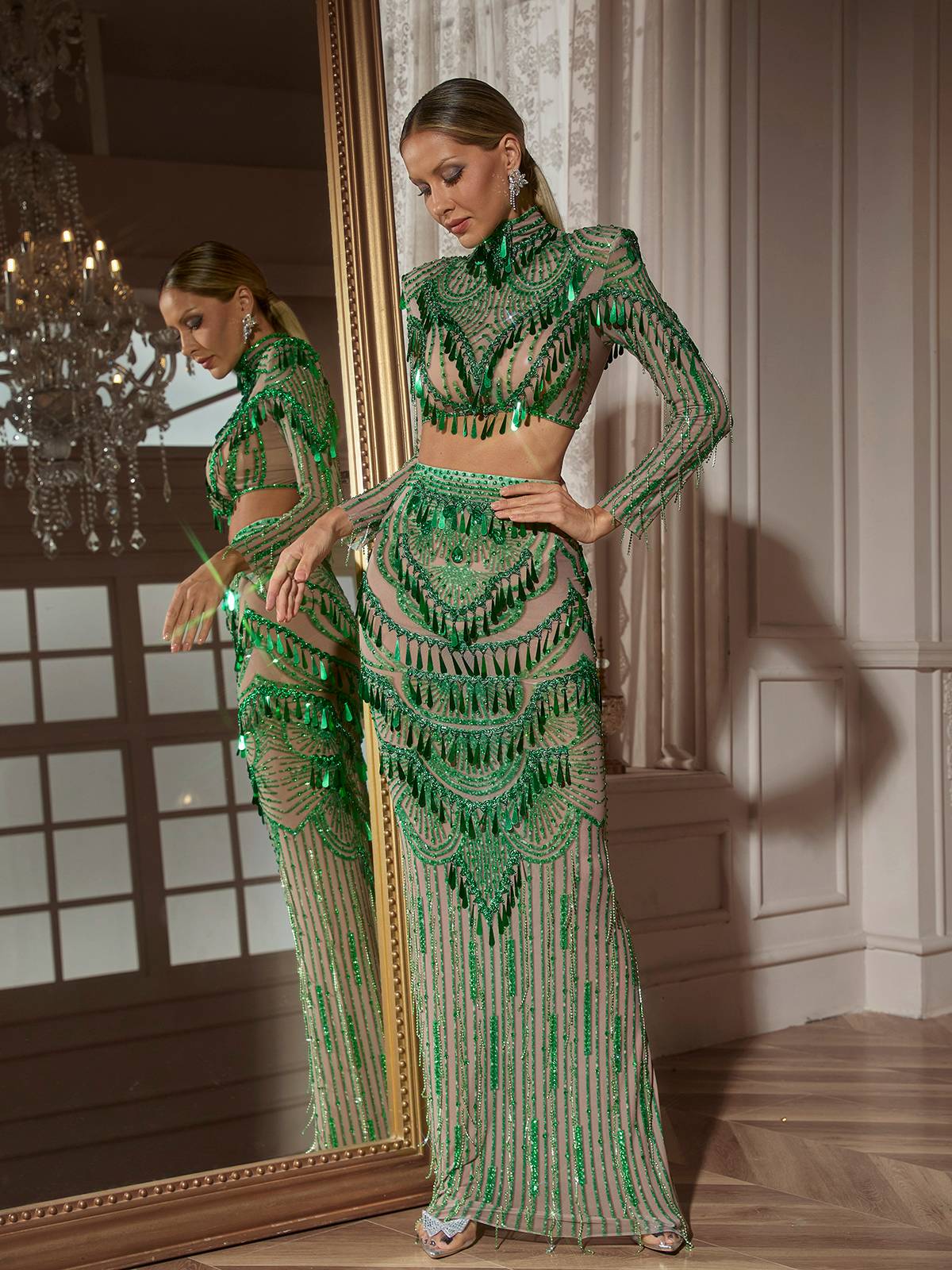 Long Sleeve Sequin Skirt Set