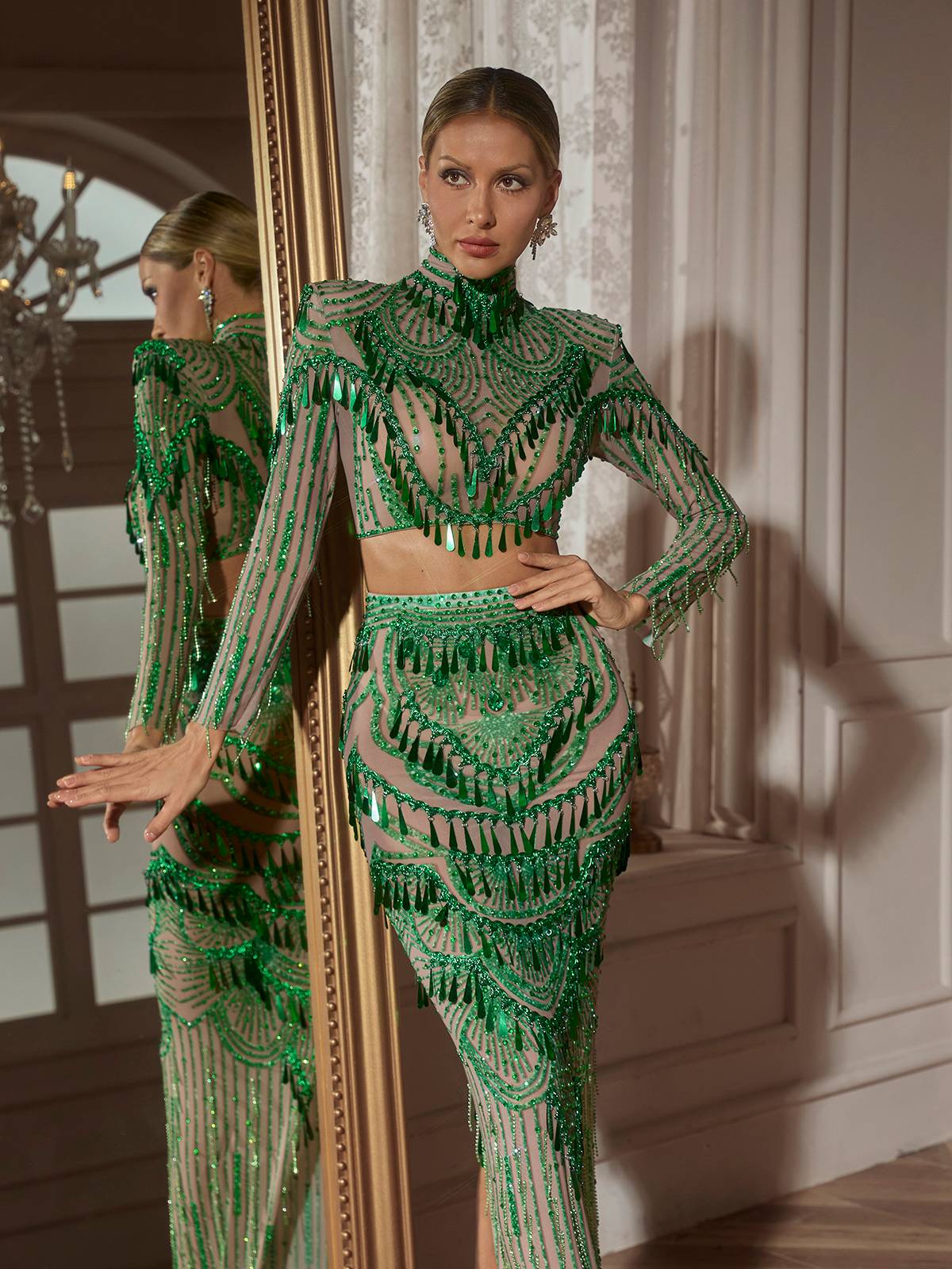 Long Sleeve Sequin Skirt Set