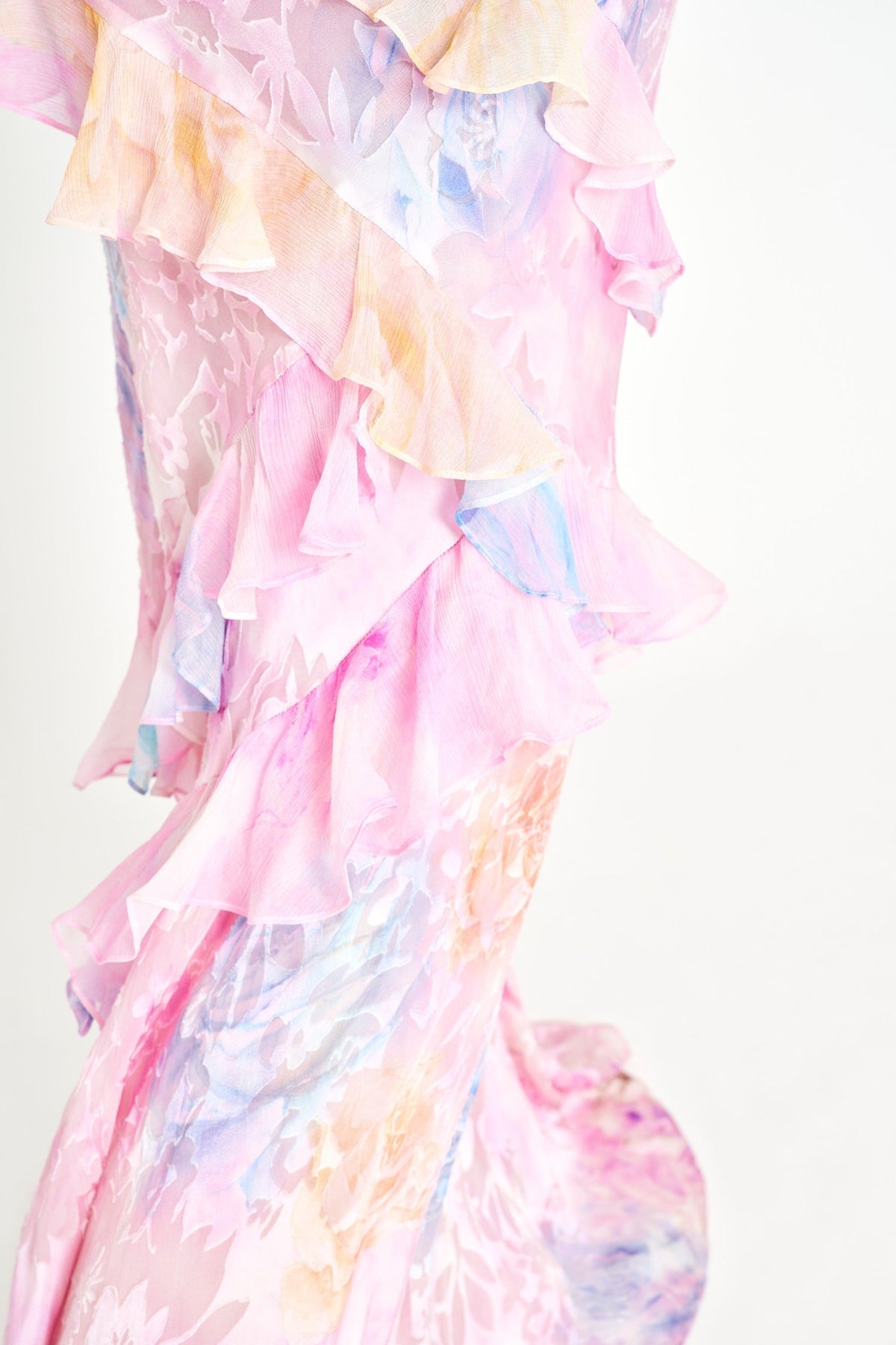 Scoop Neck Floral Chiffon Cascading Ruffle Bias Maxi Dress