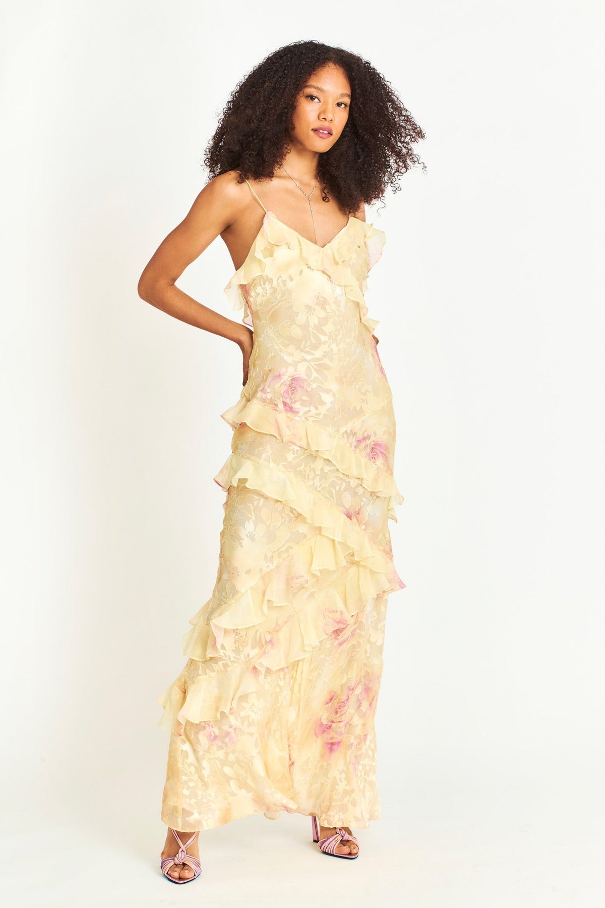 Scoop Neck Floral Chiffon Cascading Ruffle Bias Maxi Dress