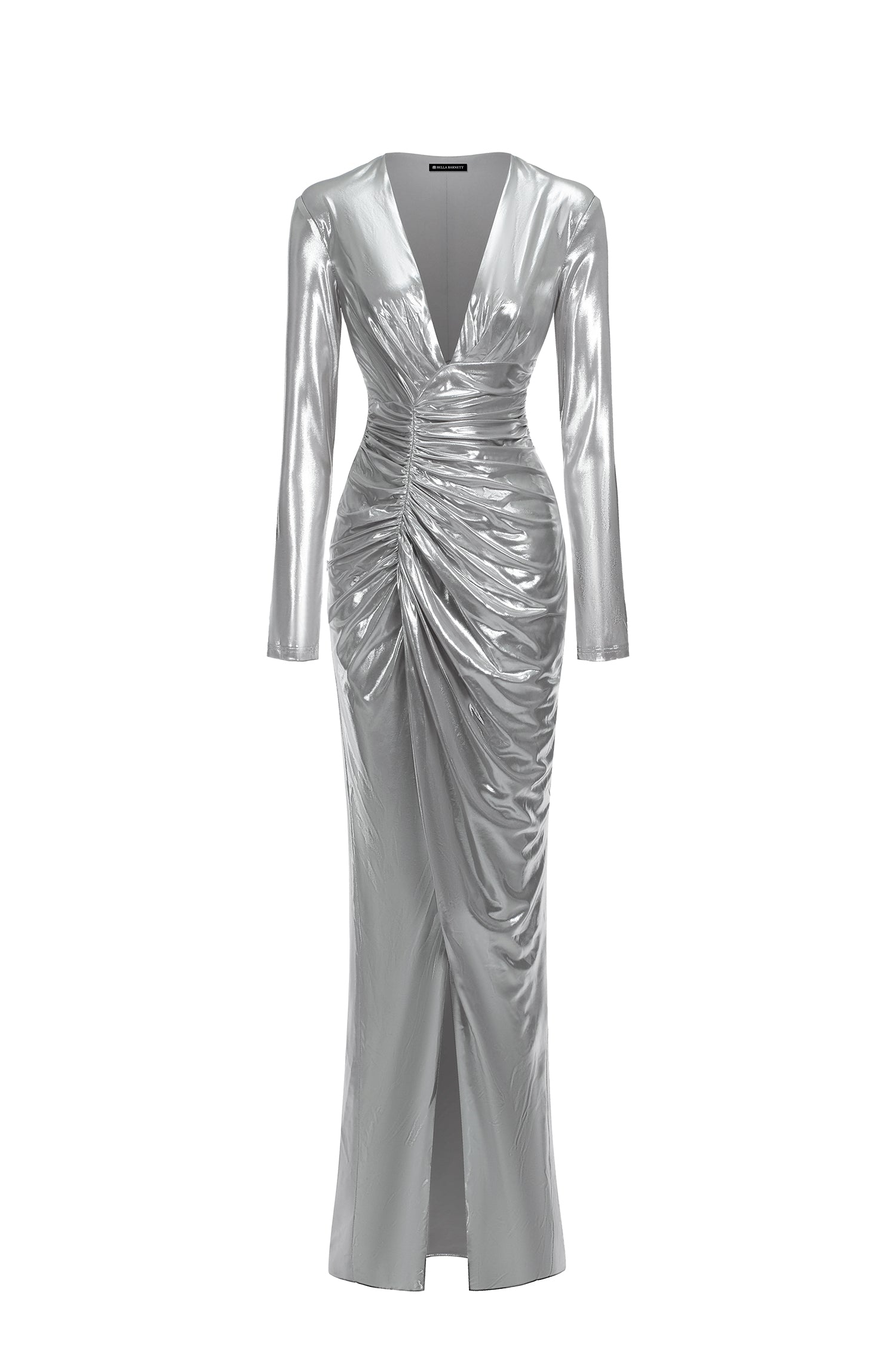 Deep V Long Sleeve Shirr Maxi Dress
