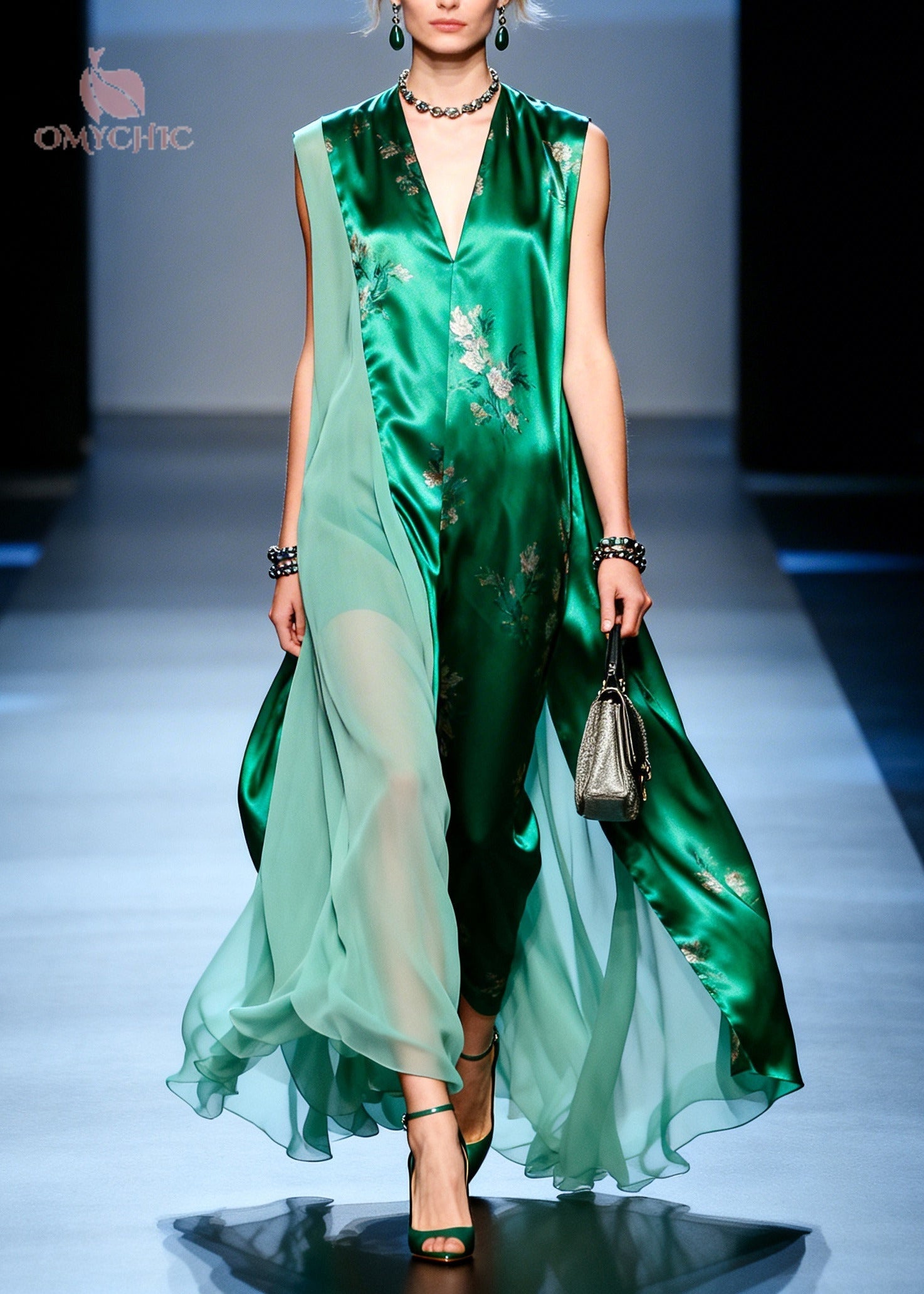 DIY Green Asymmetrical Patchwork Chiffon Holiday Dress Sleeveless