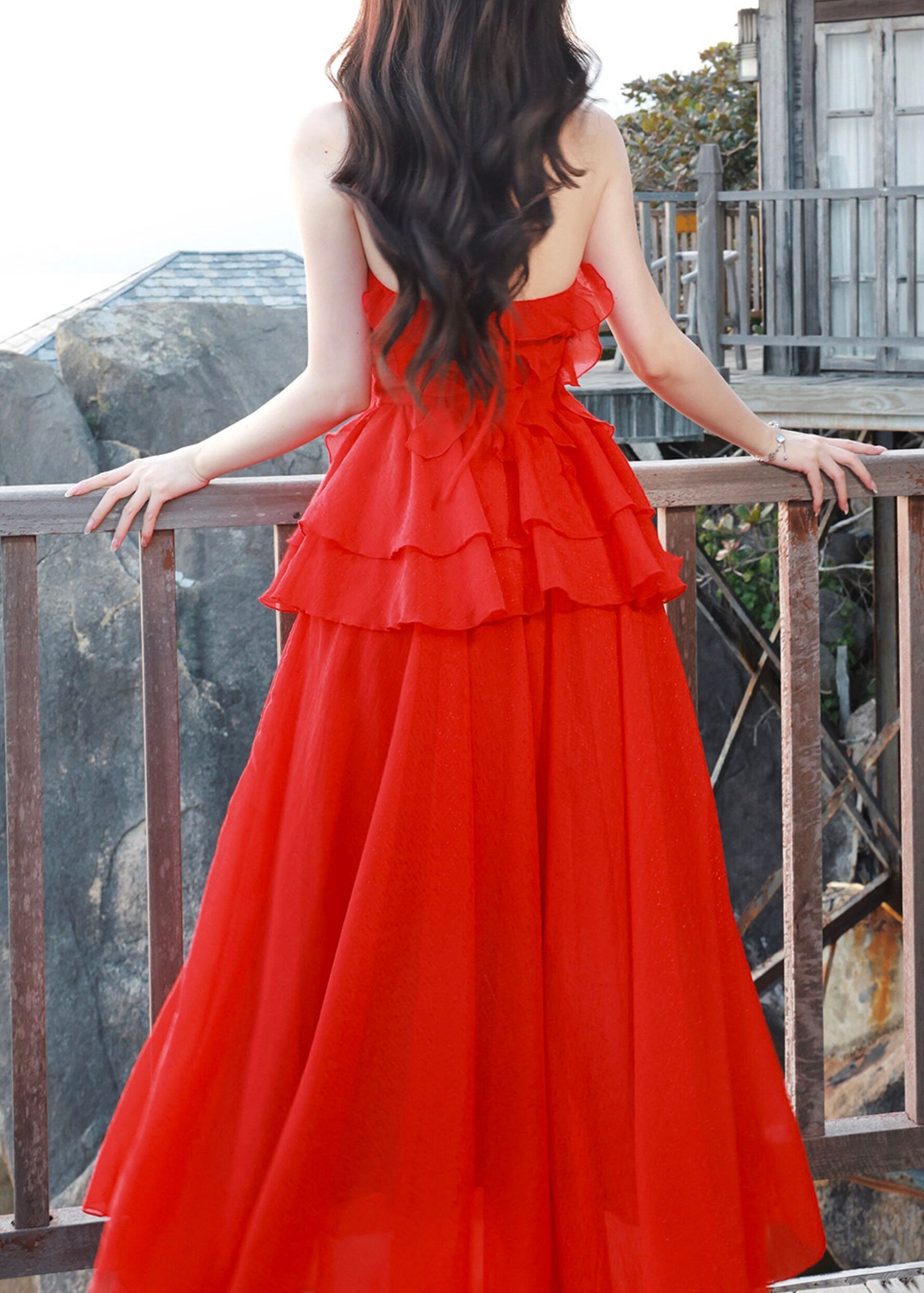 DIY Red Halter Ruffled Patchwork Tulle Holiday Maxi Dress Summer