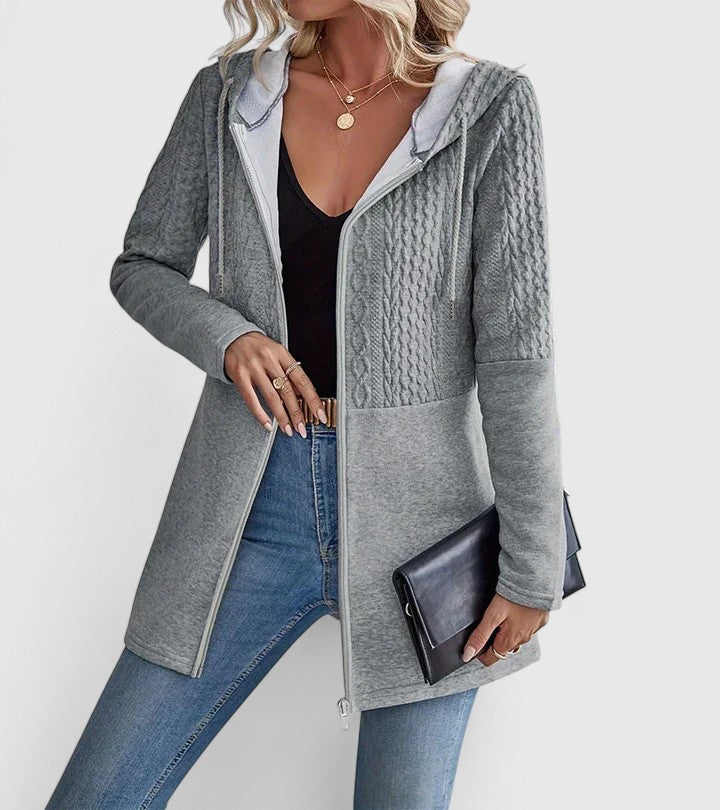 Hooded Zip Front Cable Knit Longline Jacket