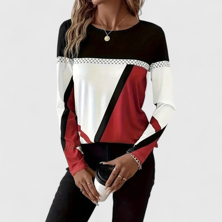 Multi Colored Round Neck Colorblock Geometric Print Long Sleeve Top