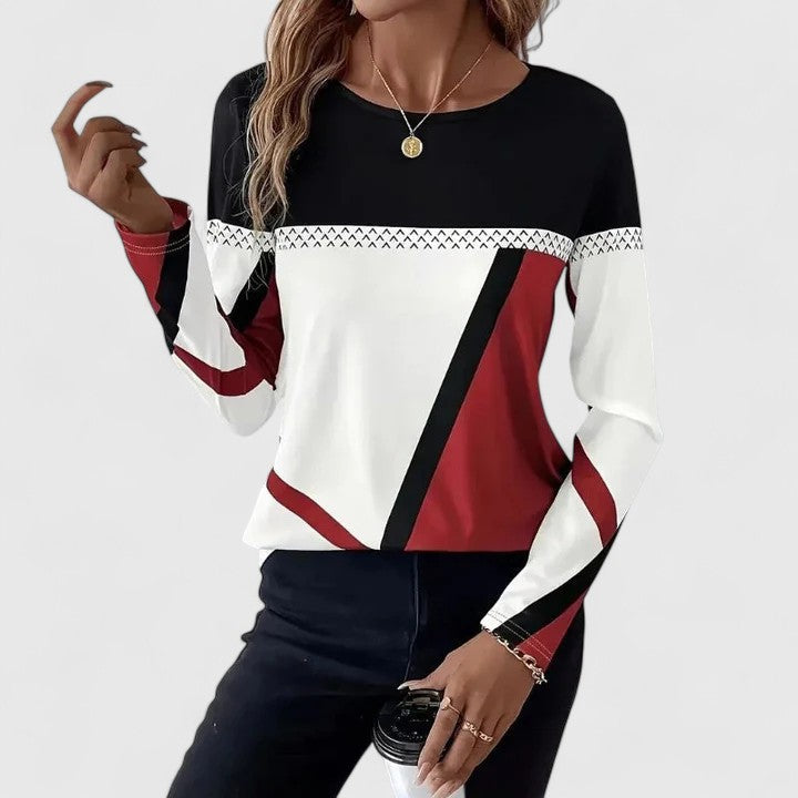 Multi Colored Round Neck Colorblock Geometric Print Long Sleeve Top