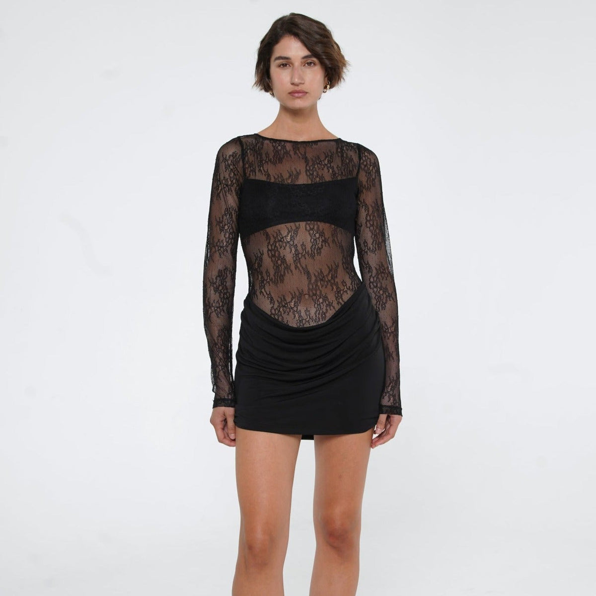Round Neck Long Sleeve Sheer Floral Lace Bodycon Mini Dress 14