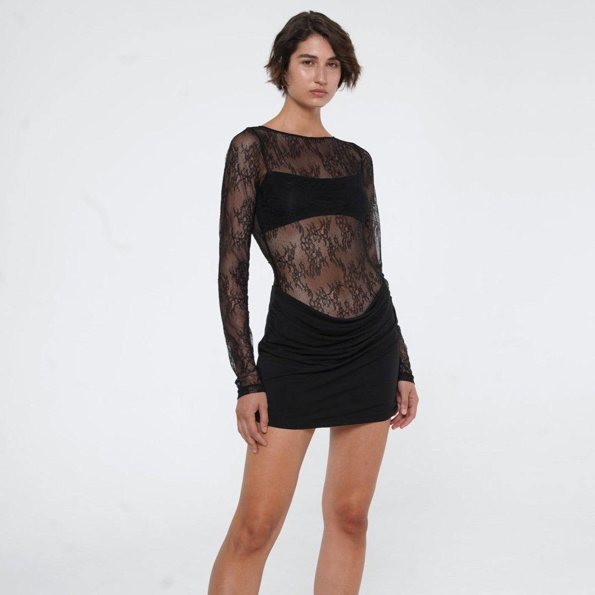 Round Neck Long Sleeve Sheer Floral Lace Bodycon Mini Dress 15