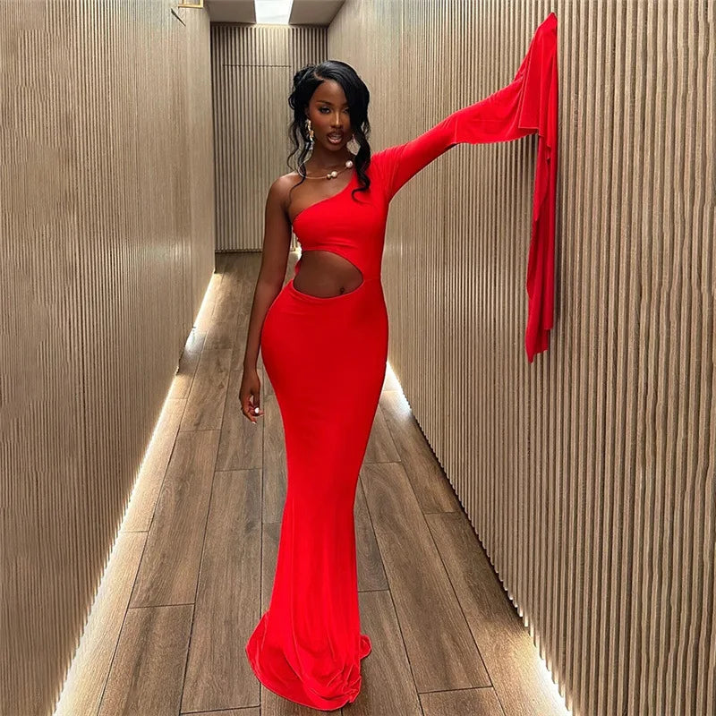 Solid Trend Incline Shoulder Hollow High Street Maxi Dress Sexy Elegant Party Dress