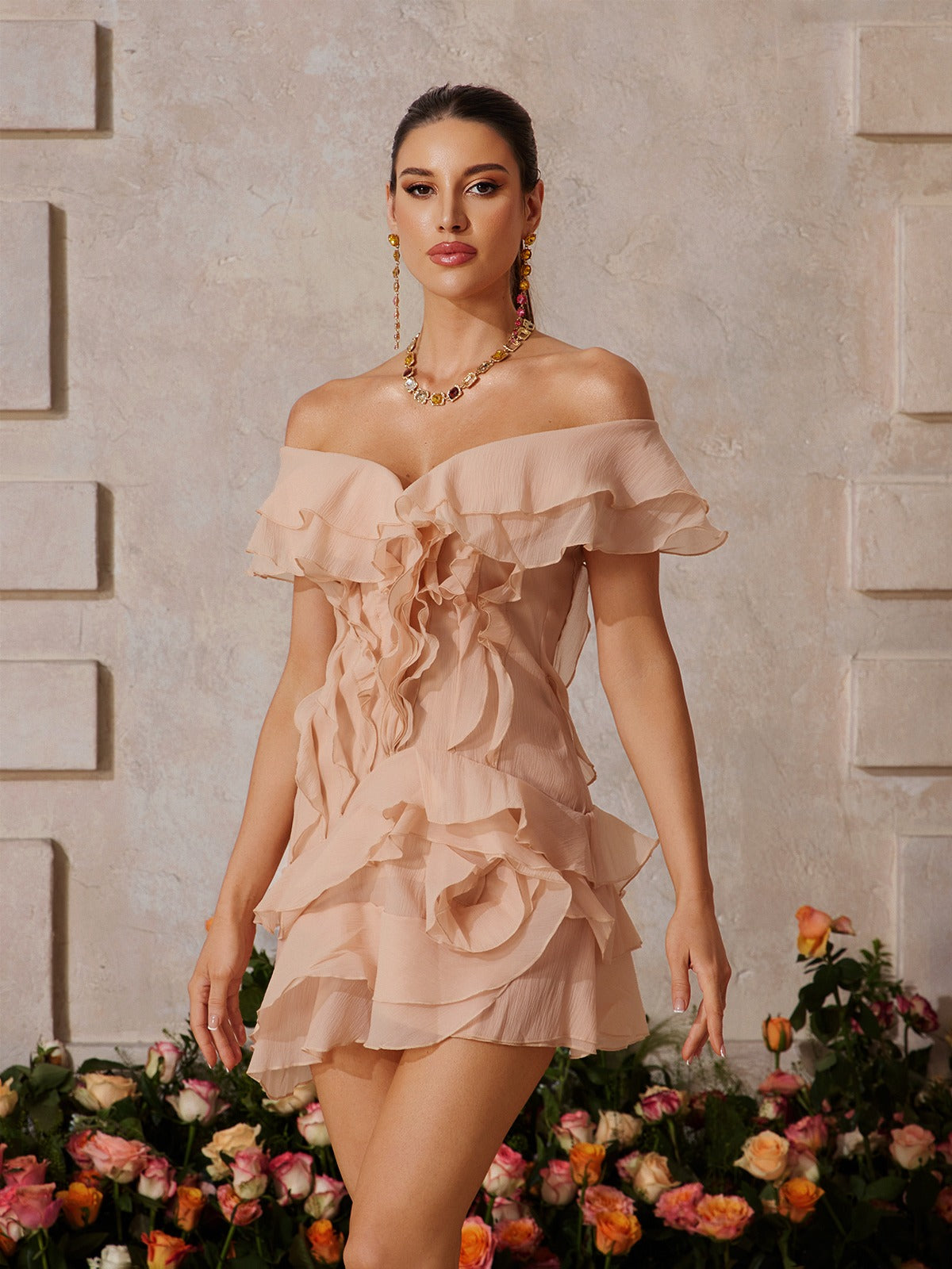 V Neck Ruffle Mini Dress In Champagne