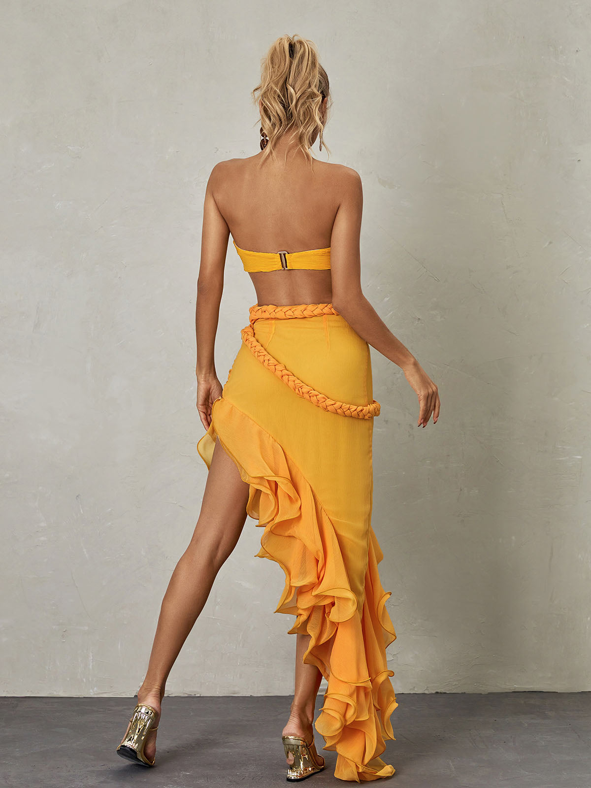 Strapless Twist Front Cutout Braided Ruffle Asymmetric Maxi Dress 5