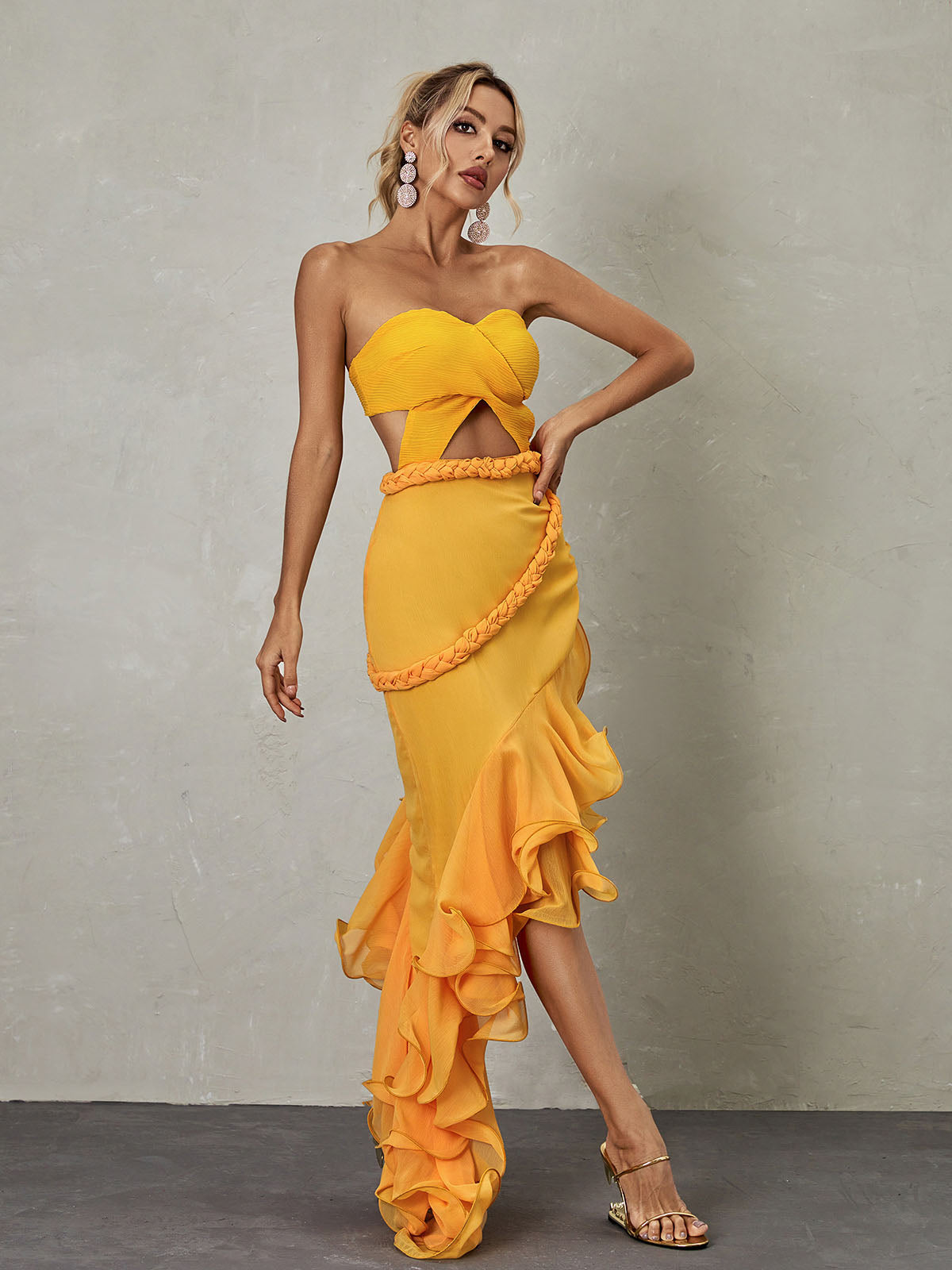 Strapless Twist Front Cutout Braided Ruffle Asymmetric Maxi Dress 3