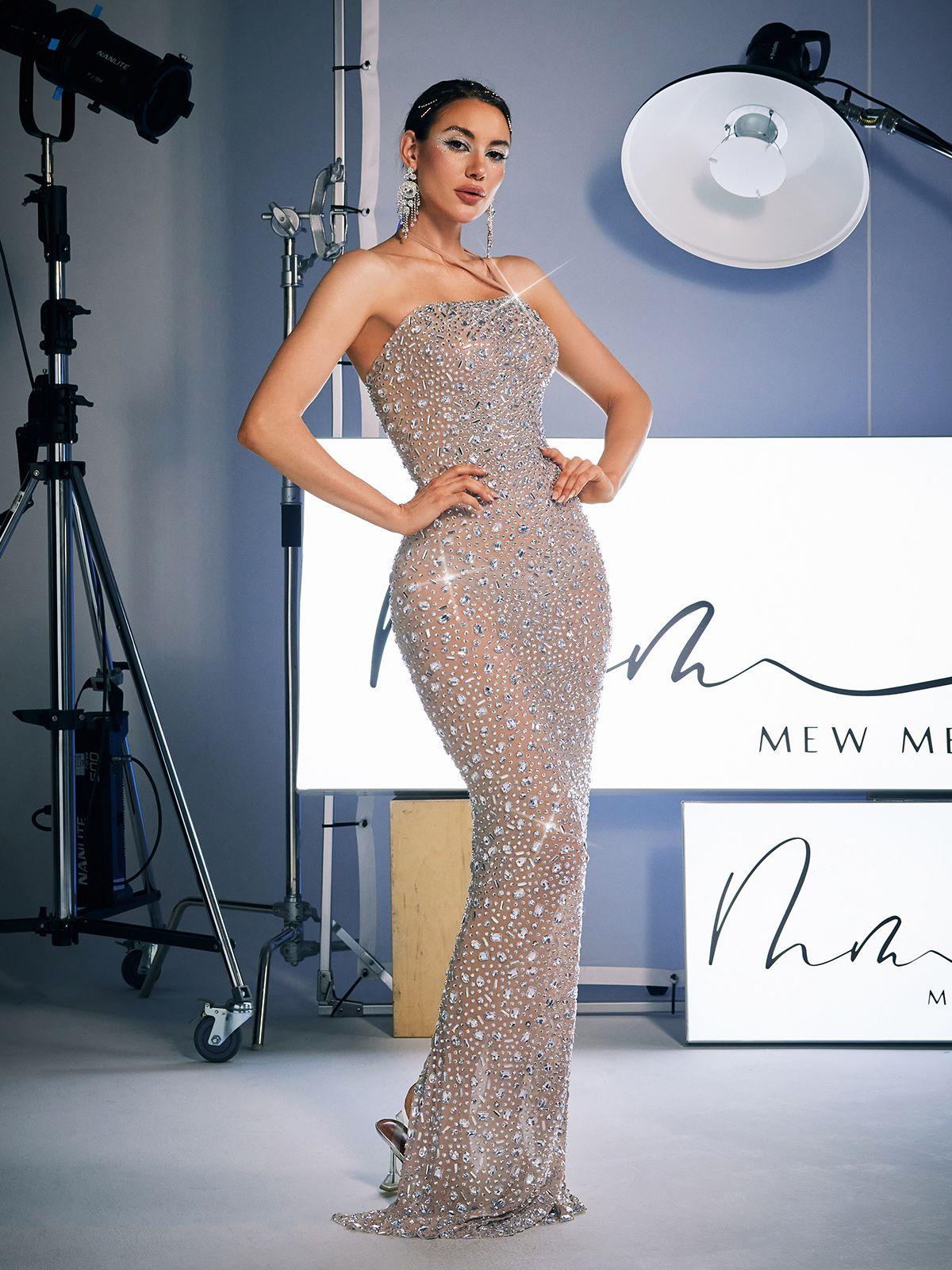 Halterneck Rhinestone Maxi Dress In Silver