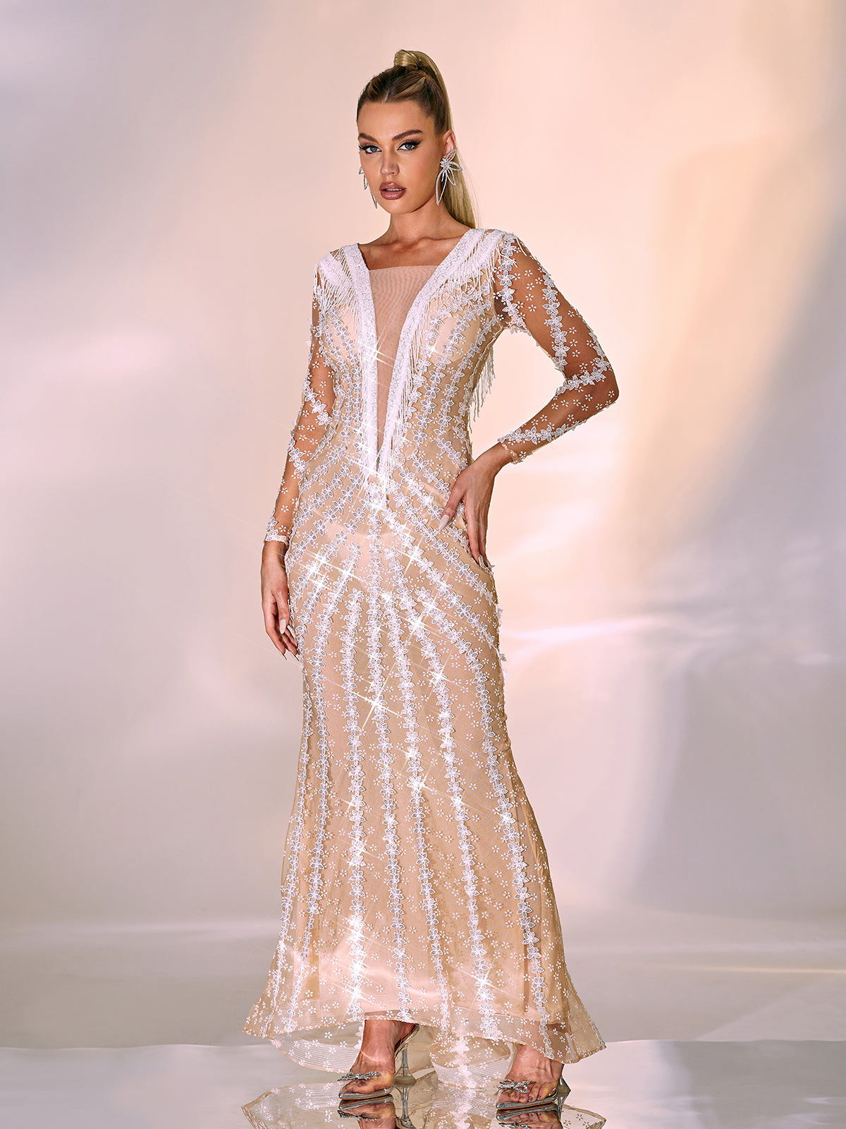 Plunge V-Neck Long Sleeve Lace Fringe Illusion Mermaid Gown 4