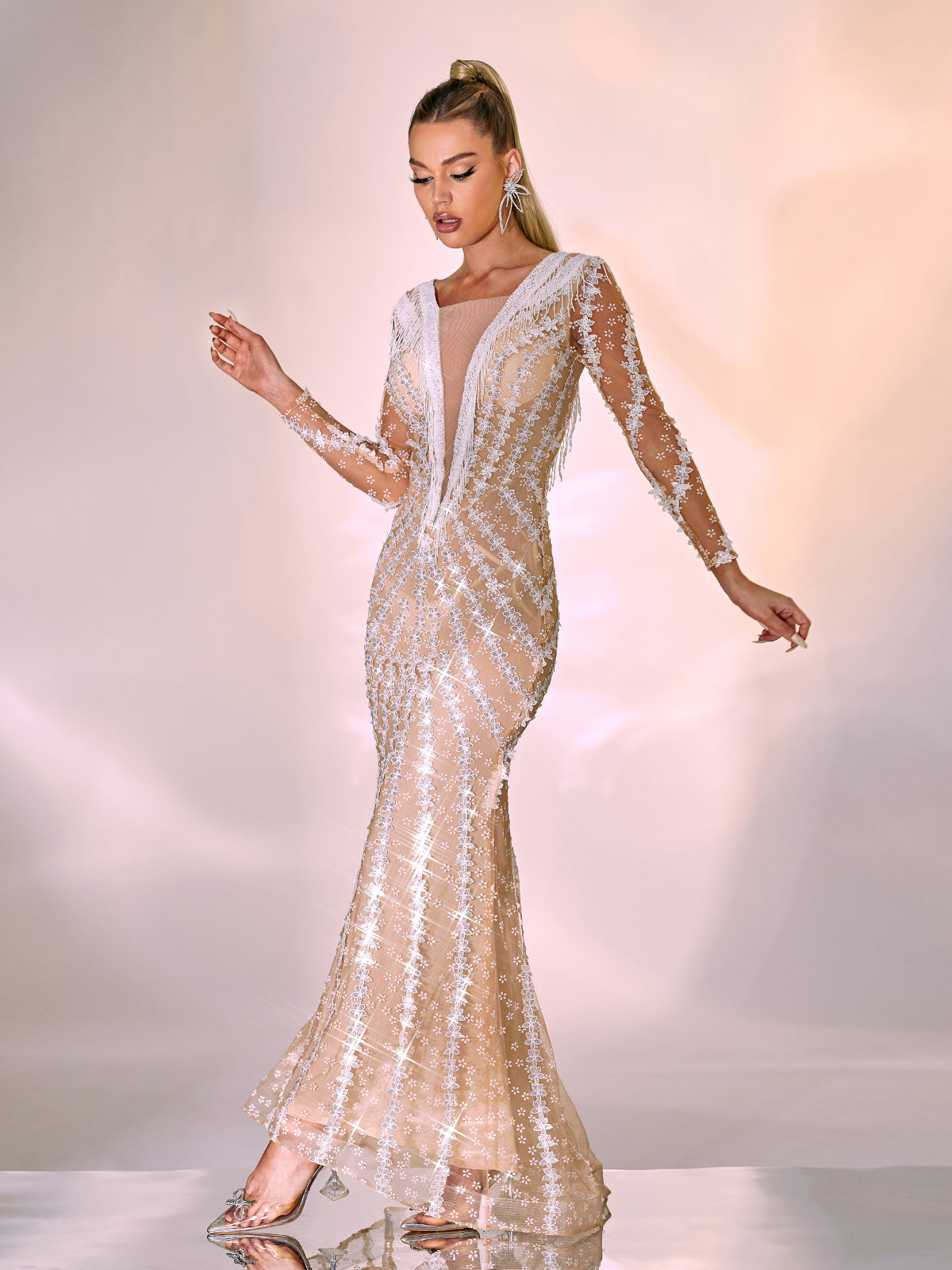 Plunge V-Neck Long Sleeve Lace Fringe Illusion Mermaid Gown