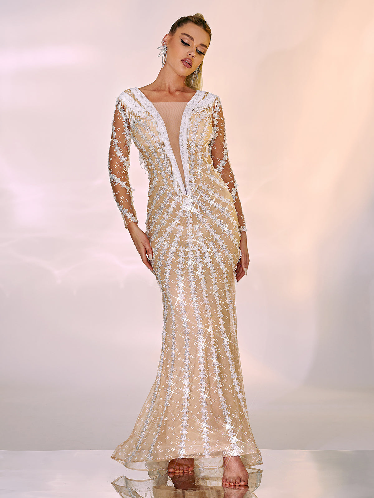 Plunge V-Neck Long Sleeve Lace Fringe Illusion Mermaid Gown 5