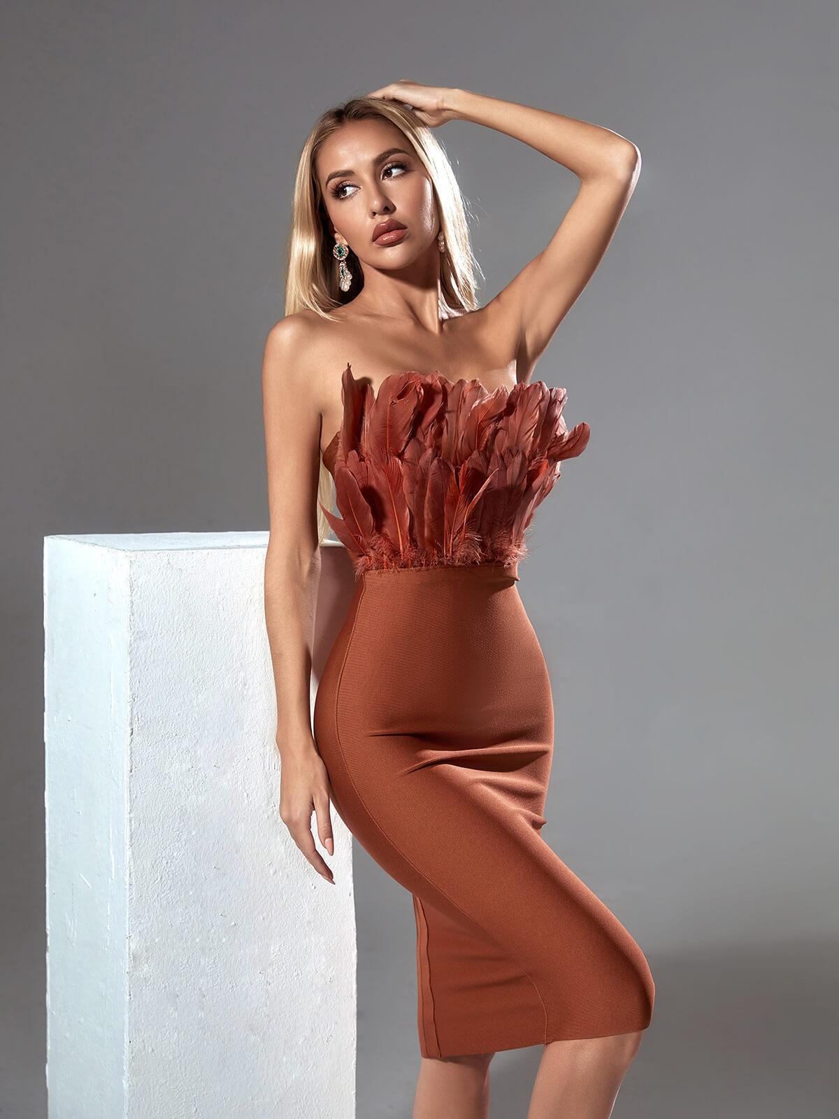Strapless Feather Trim Bandage Bodycon Midi Dress