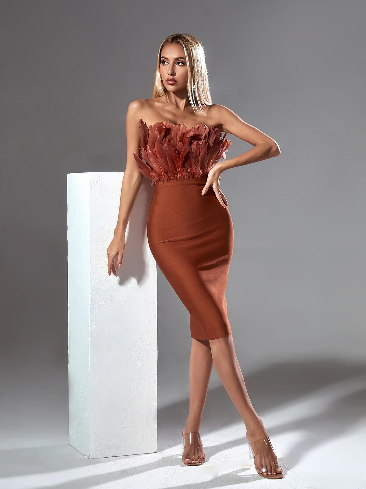 Strapless Feather Trim Bandage Bodycon Midi Dress