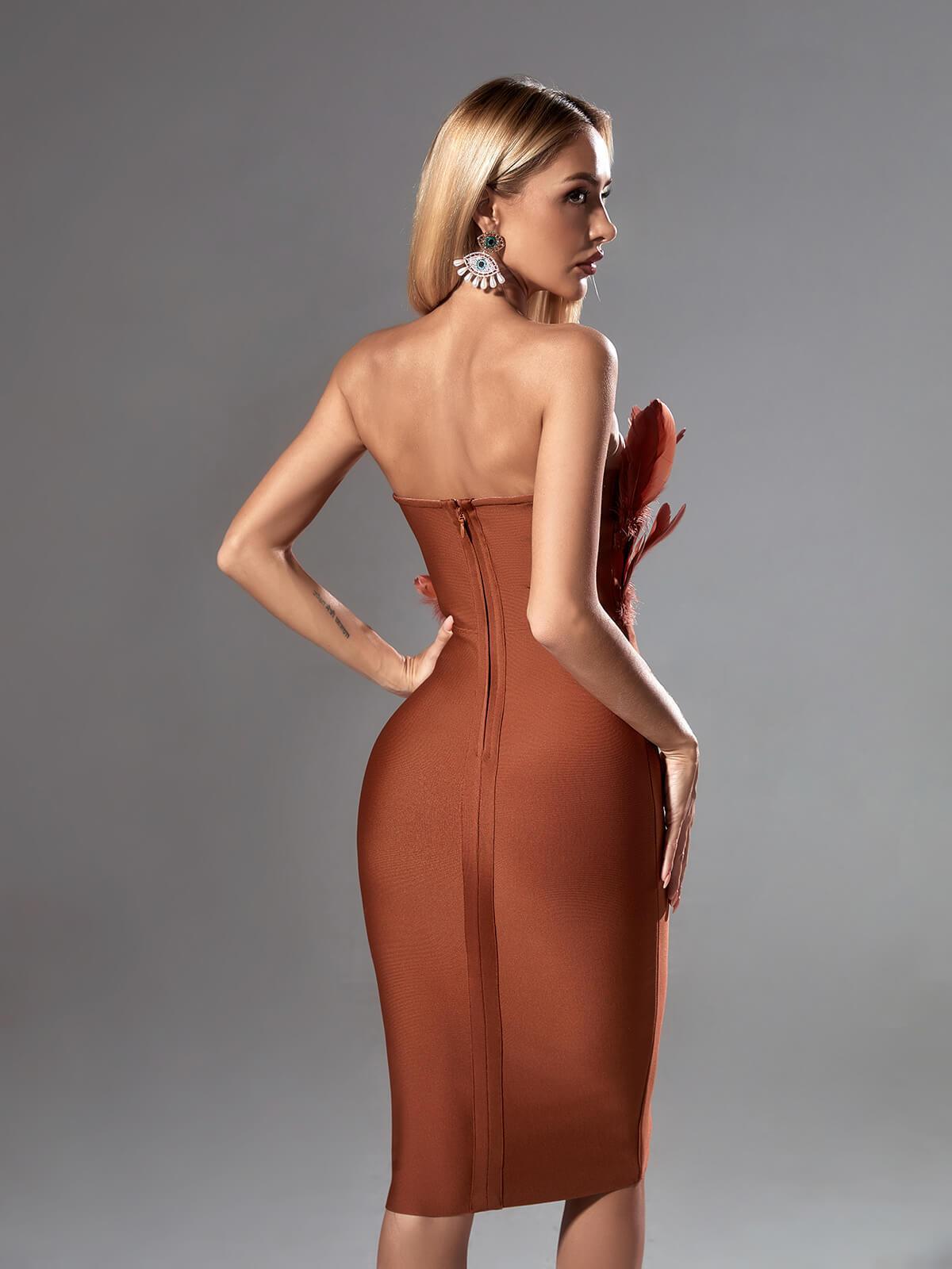 Strapless Feather Trim Bandage Bodycon Midi Dress