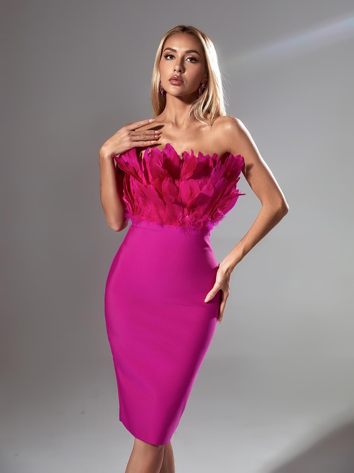 Strapless Feather Bodice Bandage Bodycon Midi Dress