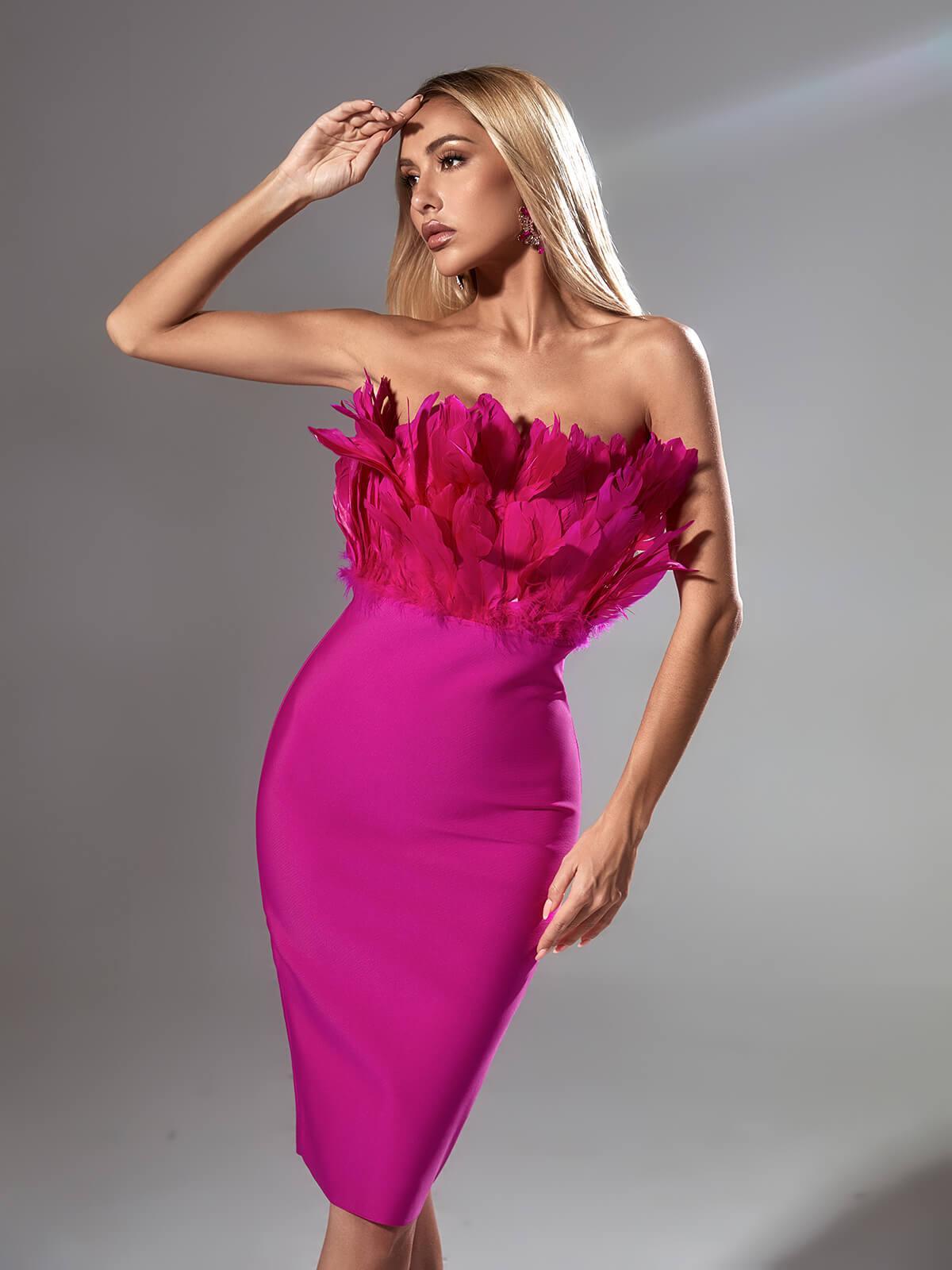 Strapless Feather Bodice Bandage Bodycon Midi Dress