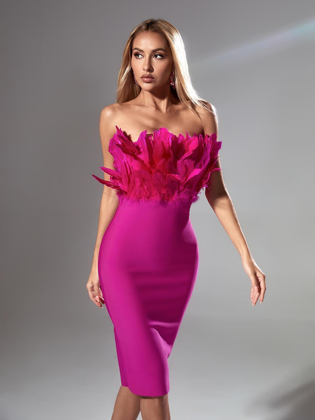 Strapless Feather Bodice Bandage Bodycon Midi Dress