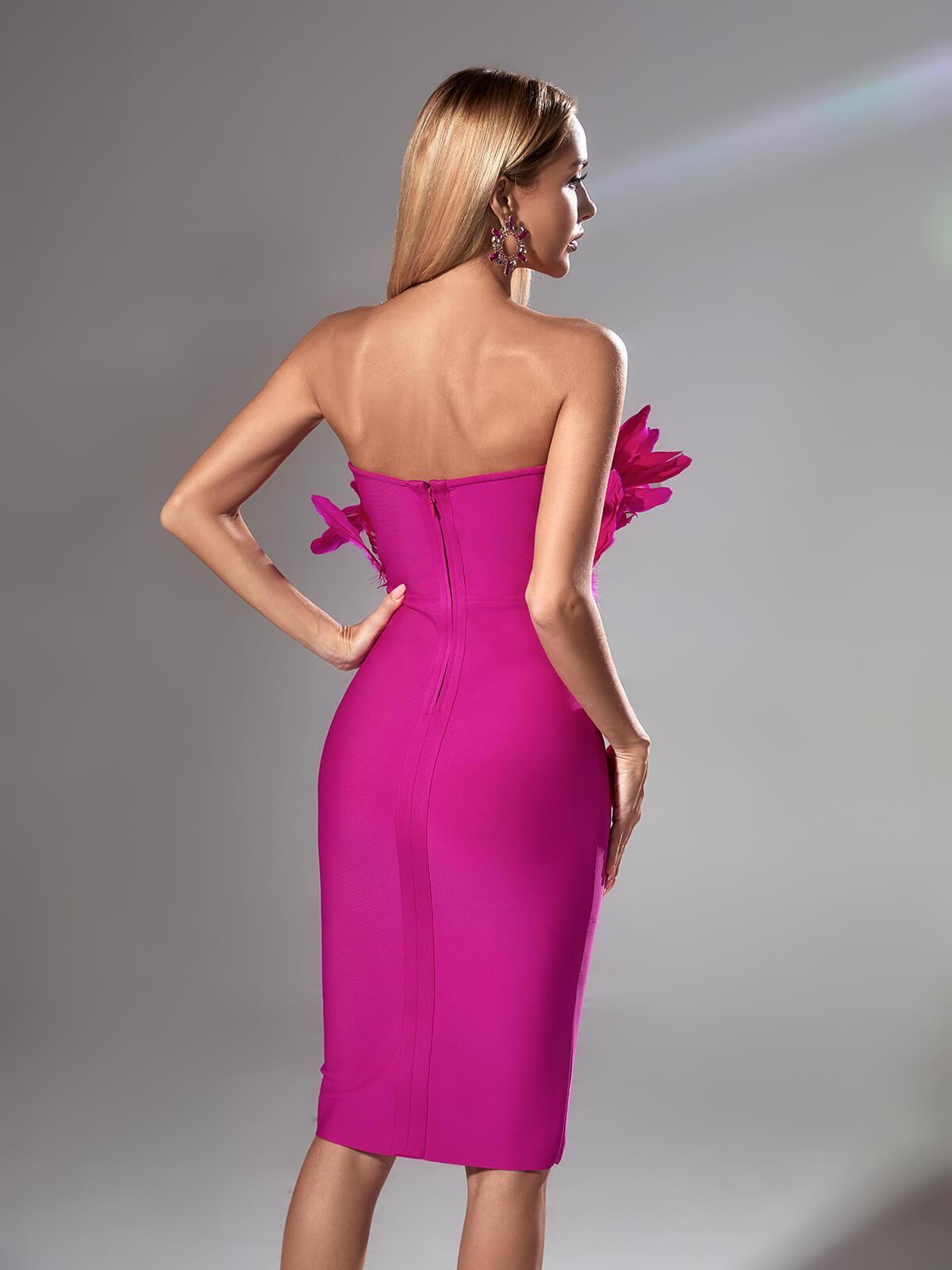 Strapless Feather Bodice Bandage Bodycon Midi Dress
